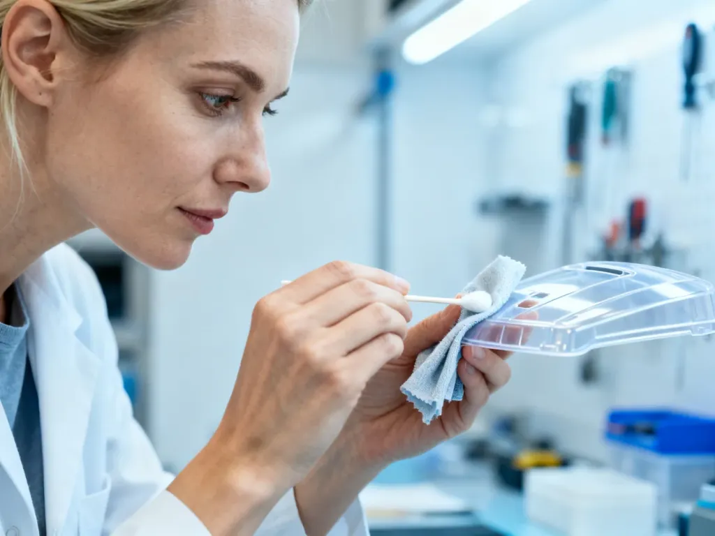 Kobieta ostrożnie czyści plastikowy przedmiot ściereczką i patyczkiem higienicznym w profesjonalnym warsztacie.