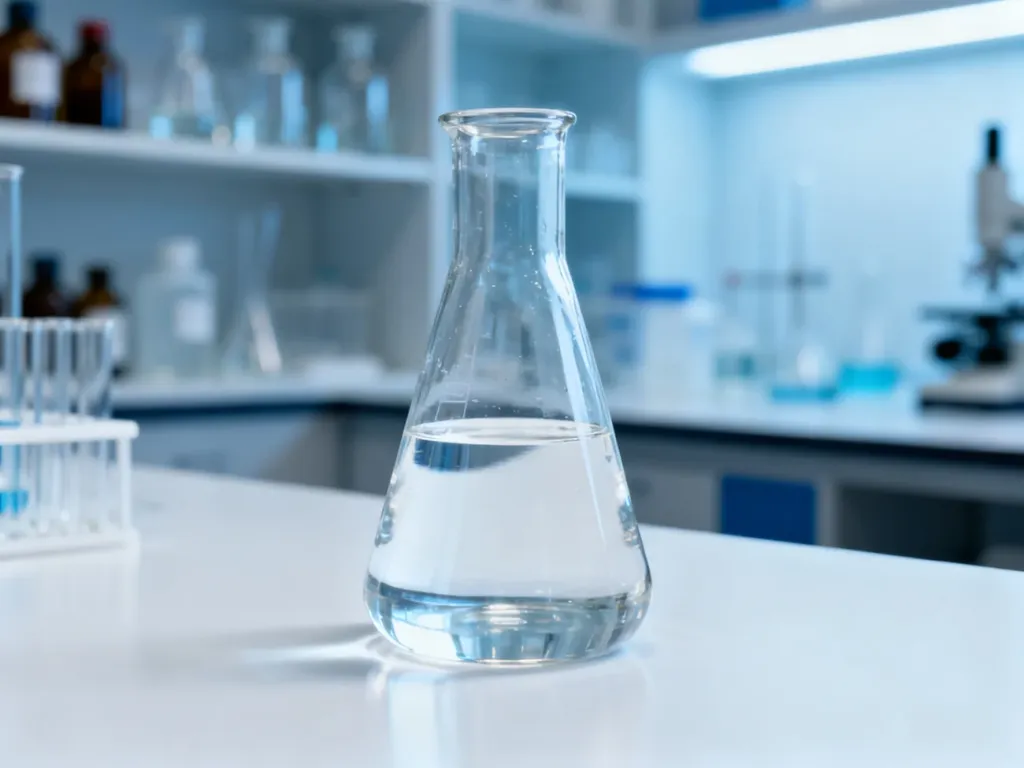 Przezroczysty płyn w szklanej zlewce laboratoryjnej na białym stole, symbolizujący czystość alkoholu izopropylowego.