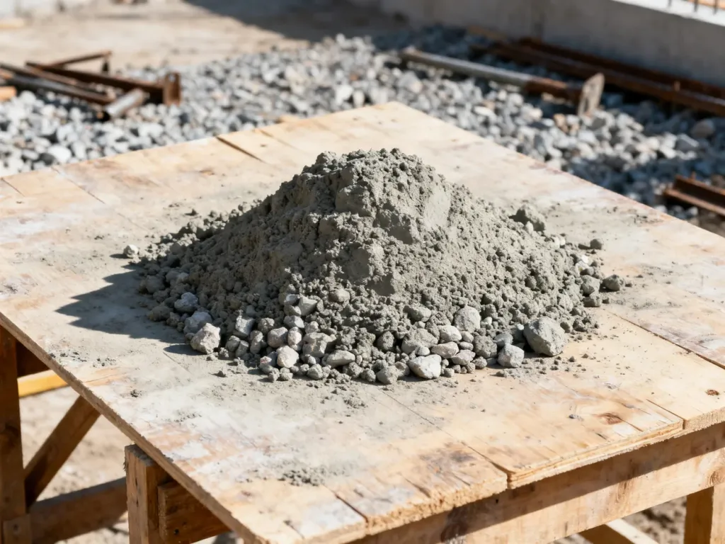Surowa mieszanka betonowa na drewnianym stole budowlanym, ukazująca ziarnistą strukturę materiału.