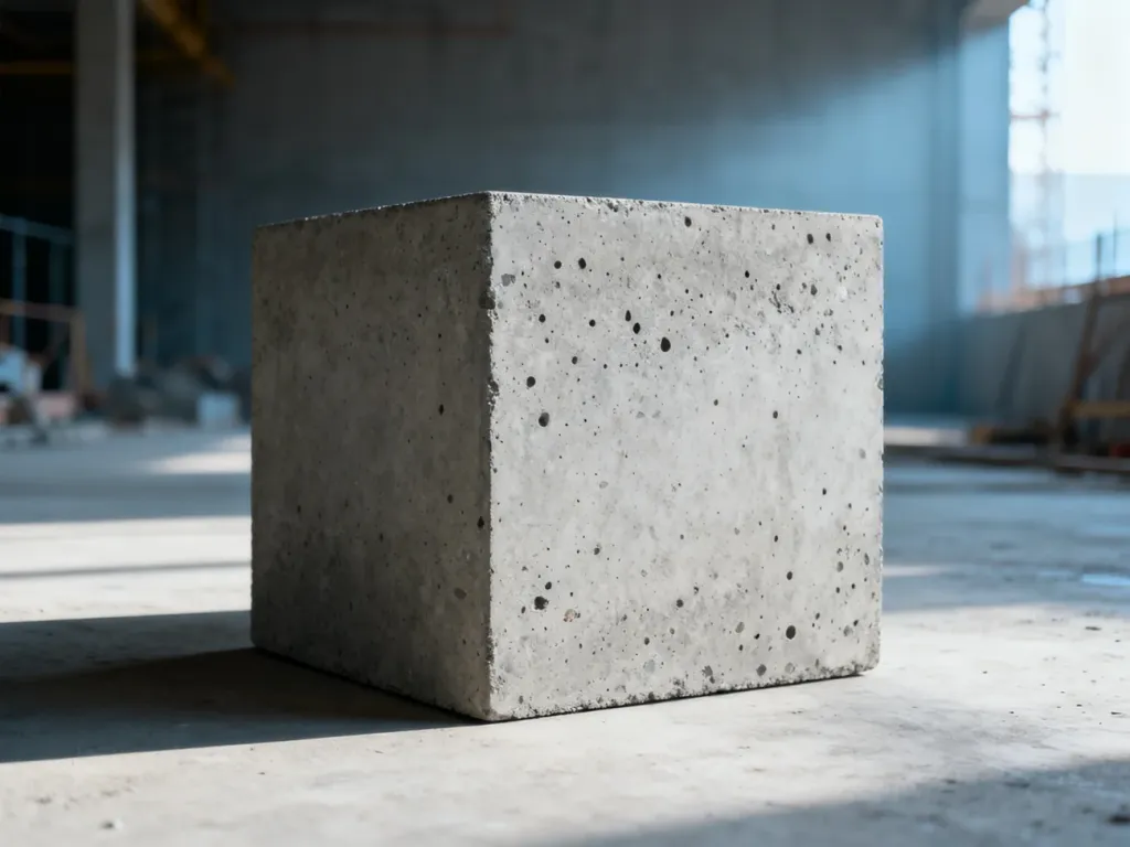 Sześcienna próbka betonu o porowatej strukturze ustawiona na industrialnym podłożu, obrazująca gęstość materiału.