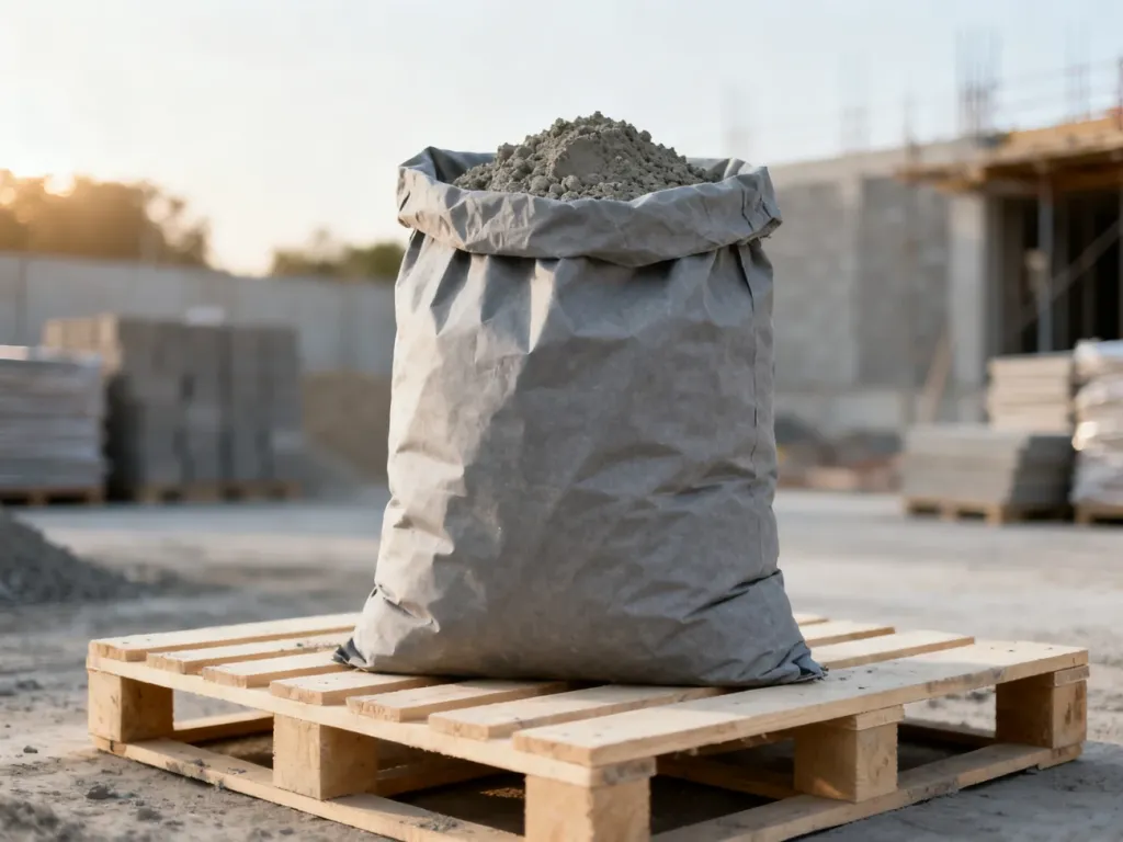 Worek suchej mieszanki betonowej na drewnianej palecie na tle placu budowy.