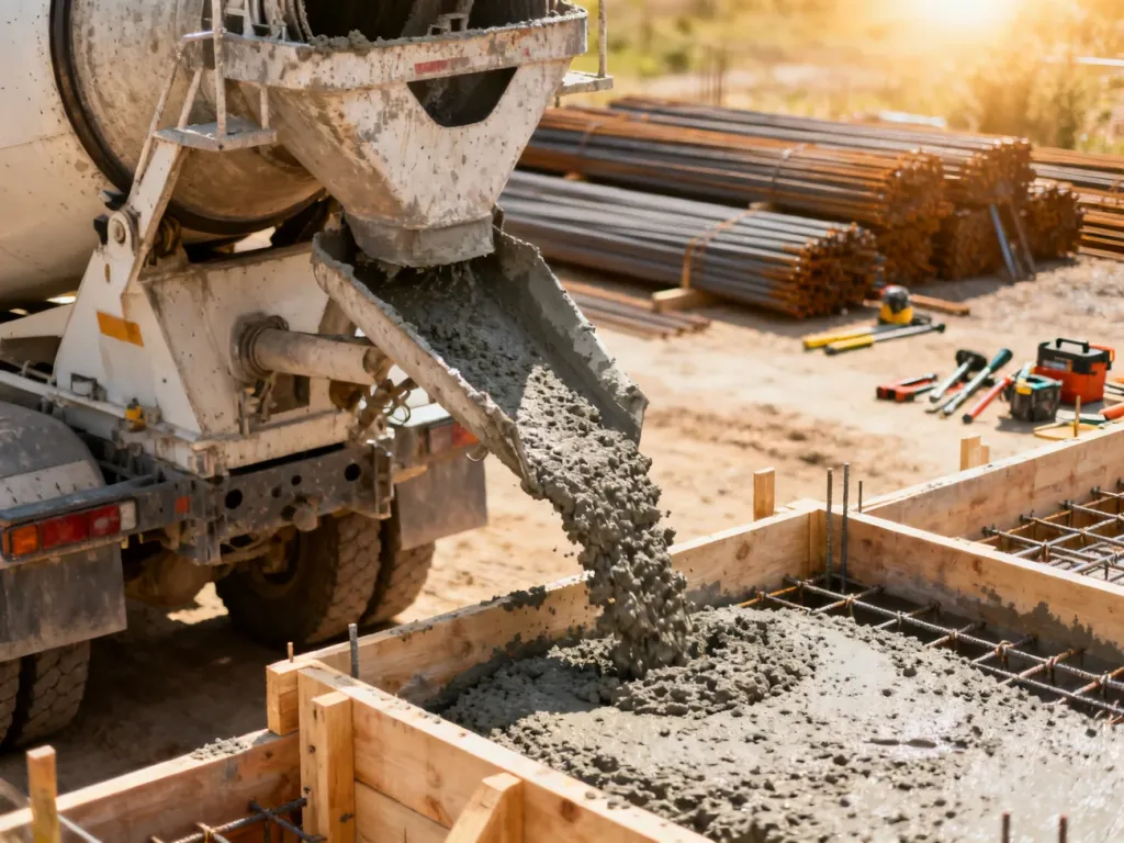 Betoniarka wylewa świeży beton do szalunków na placu budowy. Ilustracja przedstawia proces wylewania fundamentów.