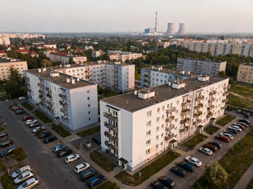 Nowoczesne osiedle mieszkaniowe w Bełchatowie na tle elektrowni i terenów zielonych, widok z lotu ptaka, no text on the picture