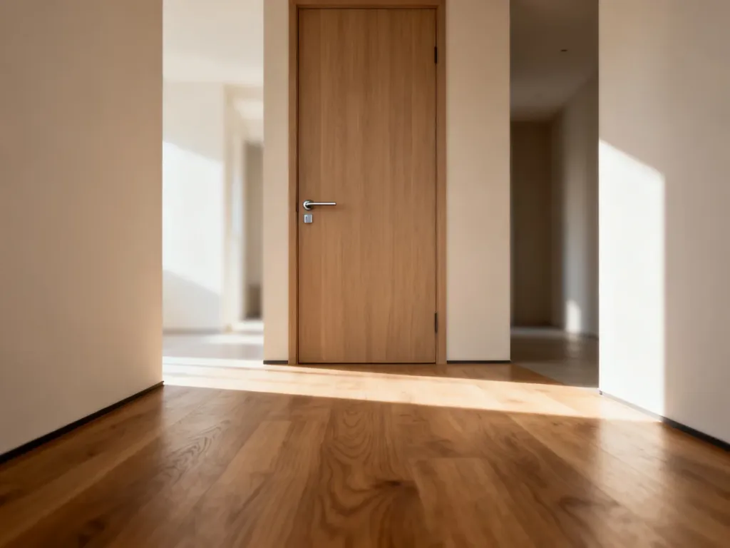 Nowoczesne, drewniane drzwi wewnętrzne o minimalistycznym designie w jasnym, przestronnym korytarzu.