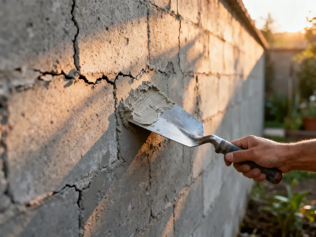 Profesjonalista nakłada świeżą warstwę tynku na popękany betonowy murek, wyrównując jego powierzchnię metalową kielnią.